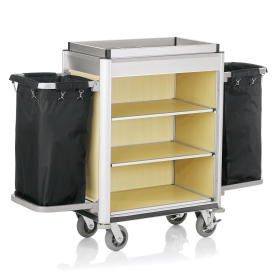 Chariot de service de chambre structure aluminium - 155 x 55 cm - Aspect bois clair - 2 sacs 60 L