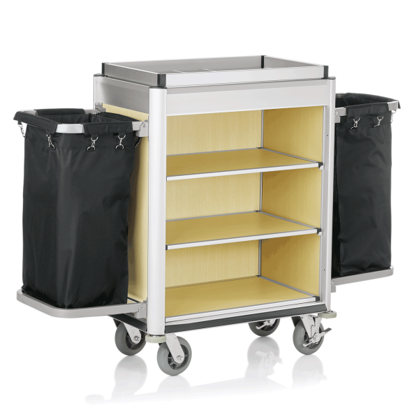Chariot de service de chambre structure aluminium - 155 x 55 cm - Aspect bois clair - 2 sacs 60 L