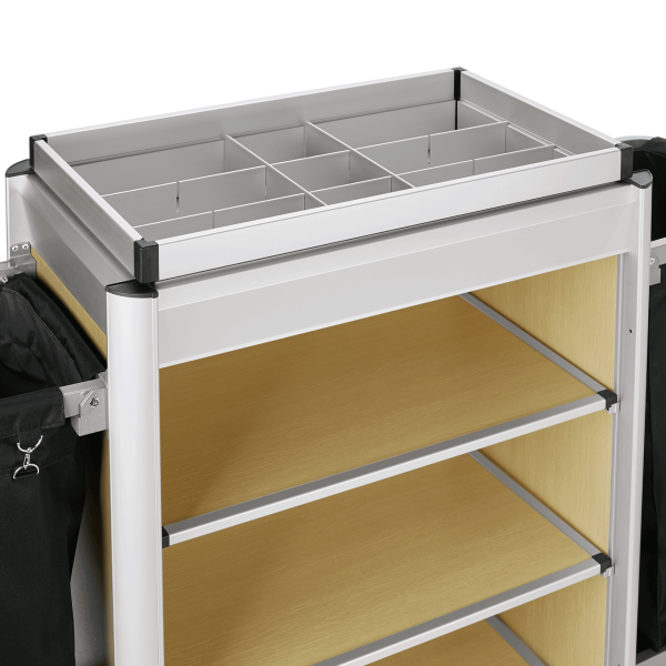 Chariot de service de chambre structure aluminium - 155 x 55 cm - Aspect bois clair - 2 sacs 60 L