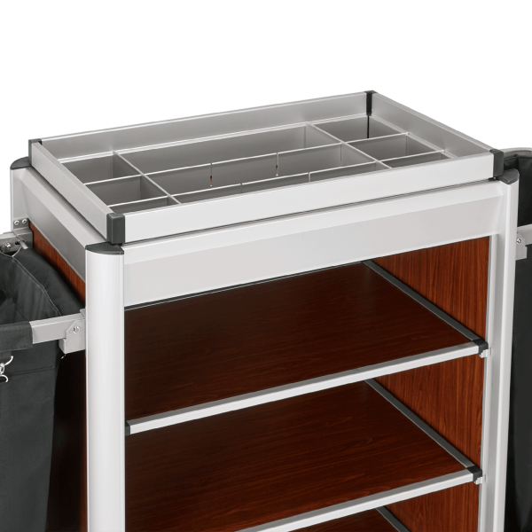 Chariot de service de chambre structure aluminium - 155 x 55 cm - Aspect bois foncé - 2 sacs 60 L