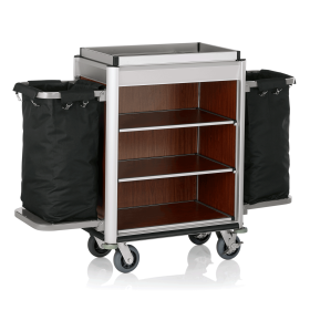 Chariot de service de chambre structure aluminium - 155 x 55 cm - Aspect bois foncé - 2 sacs 60 L