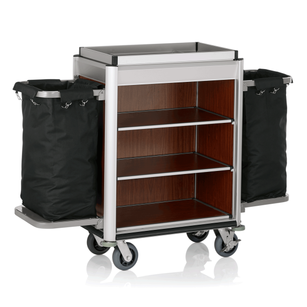 Chariot de service de chambre structure aluminium - 155 x 55 cm - Aspect bois foncé - 2 sacs 60 L