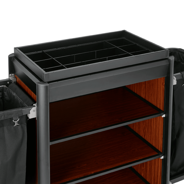 Chariot de service de chambre structure aluminium noir - 155 x 55 cm - Aspect bois foncé - 2 sacs 60 L