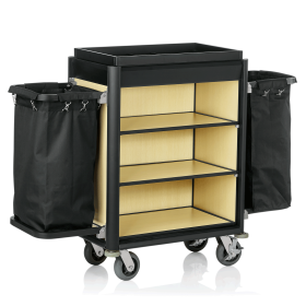Chariot de service de chambre structure aluminium noir - 155 x 55 cm - Aspect bois clair - 2 sacs 60 L