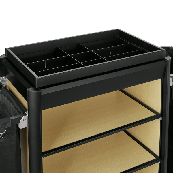 Chariot de service de chambre structure aluminium noir - 155 x 55 cm - Aspect bois clair - 2 sacs 60 L