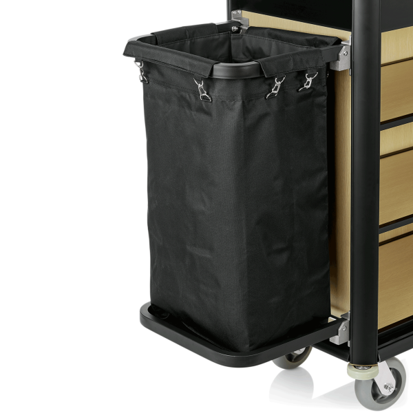 Chariot de service de chambre structure aluminium noir - 155 x 55 cm - Aspect bois clair - 2 sacs 60 L