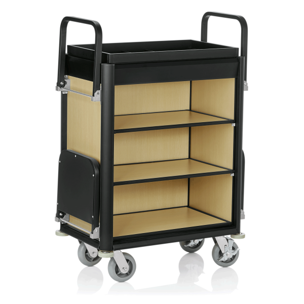 Chariot de service de chambre structure aluminium noir - 155 x 55 cm - Aspect bois clair - 2 sacs 60 L