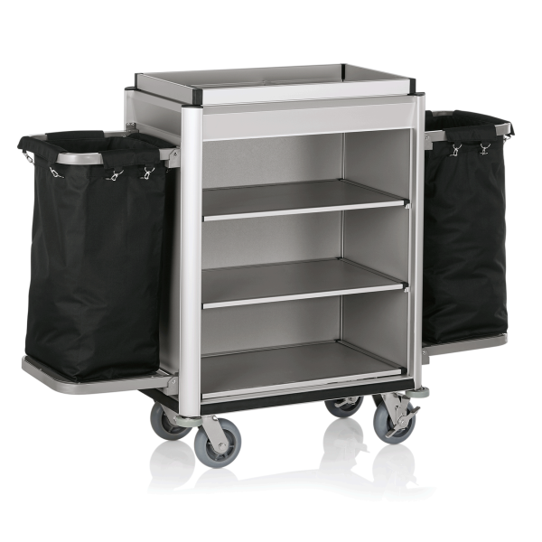 Chariot de service de chambre structure aluminium - 155 x 55 cm - Aspect aluminium - 2 sacs 60 L