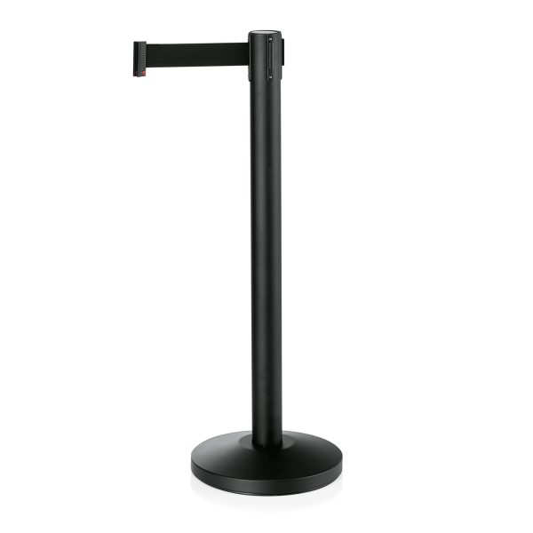 Poteau de sécurité acier noir poudré - Sangle noire de 2 mètres - Hauteur 90 cm (lot de 2)