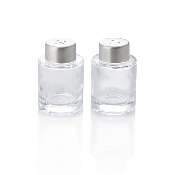 Mini-salière et mini-poivrière en verre et inox 18/8 - 6 cm