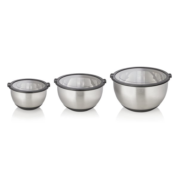 Set de 3 bols gradués inox chromé - Avec couvercle