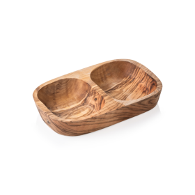 Double récipient creusé en olivier - 18 x 9 x 3,5 cm