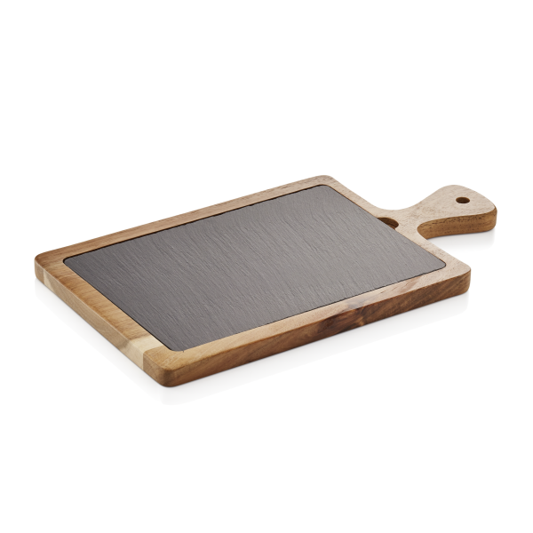 Planche de service en bois d'acacia et plaque en ardoise - 34 x 18 cm