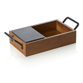 Boîte de service en bois et plaque en ardoise naturelle - 24 x 15 x 5,5 cm