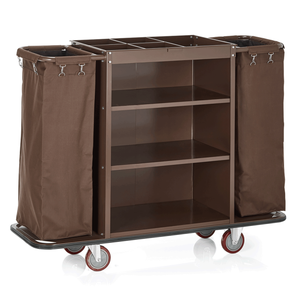 Chariot de service de chambre en bois plaqué - 140 x 47 cm - 3 étagères - 2 sacs 80 L