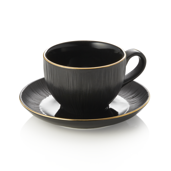 Tasse à cappuccino en porcelaine - 200 ml - Avec soucoupe - Série Kuro (lot de 4)