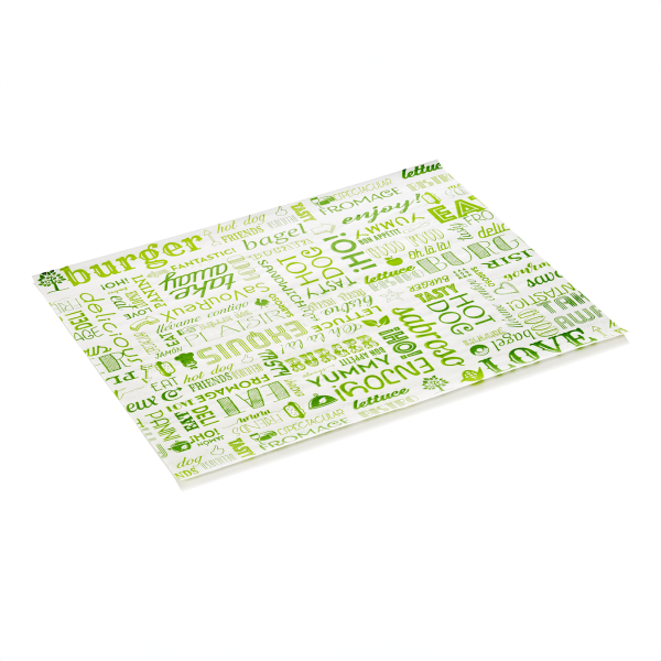 Papier fast-food ingraissable imprimé veggie - 28 x 34 cm - Vert (lot de 1000)