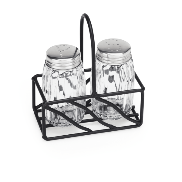 Set salière et poivrière en verre avec support en fil laqué noir - 9,5 x 5 x 11 cm