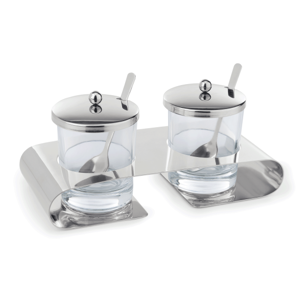 Set de pots à condiments en verre et inox avec cuillères - 22,5 x 10 cm