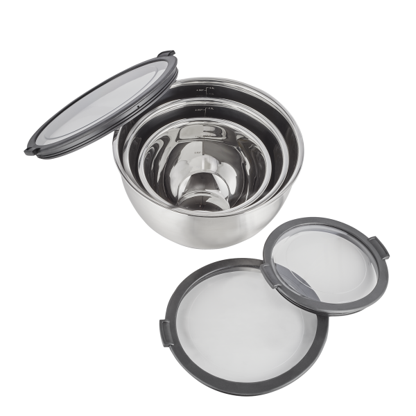 Set de 3 bols gradués inox chromé - Avec couvercle