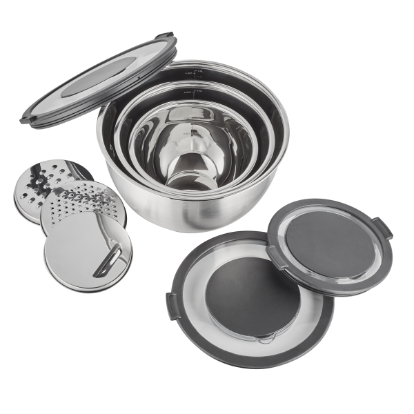Set de 3 bols gradués inox chromé - Couvercle et accessoires de coupe/friction