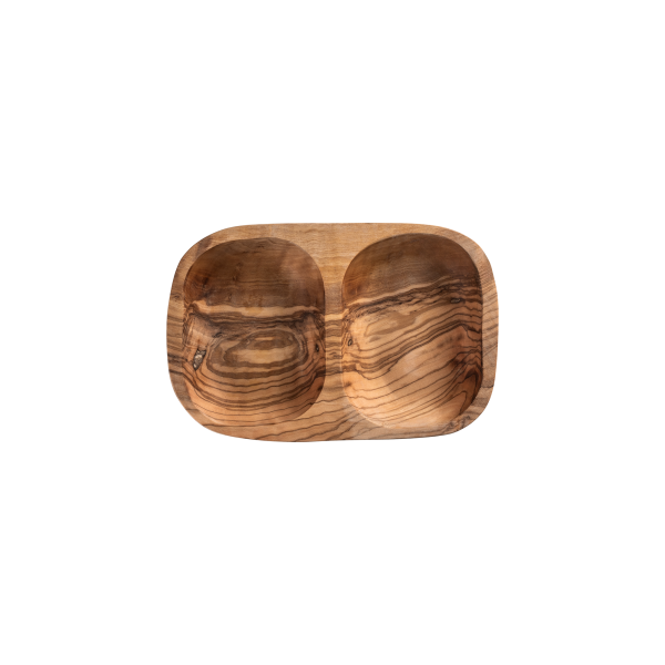 Double récipient creusé en olivier - 18 x 9 x 3,5 cm