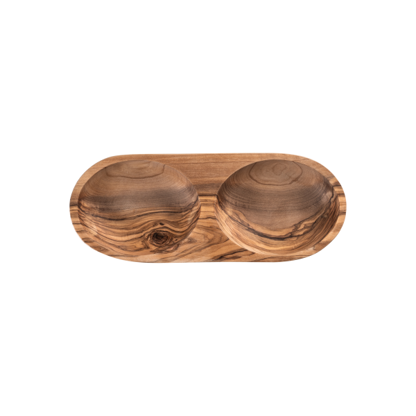 Double récipient creusé en olivier - 25 x 11 x 3,5 cm