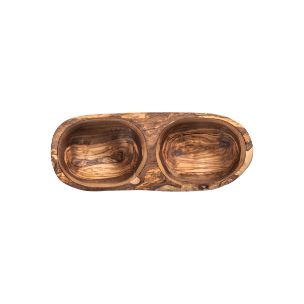 Double récipient creusé en olivier - 25 x 11 x 3,5 cm