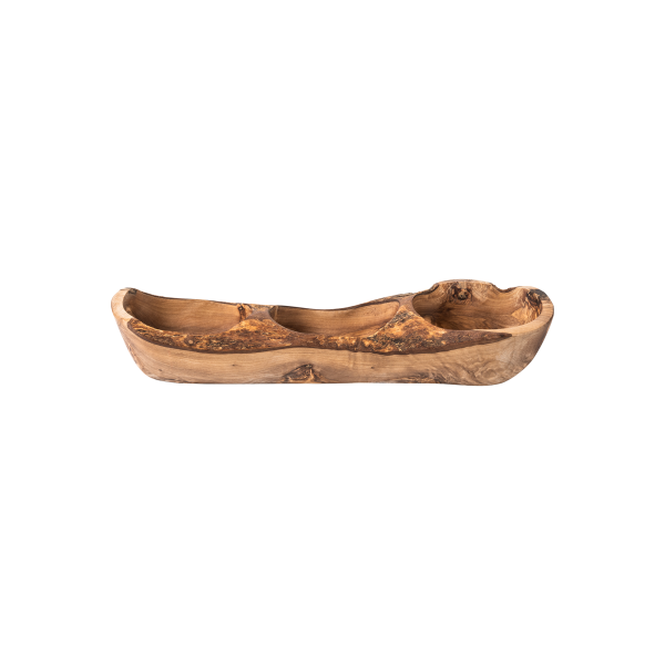 Triple récipient creusé en olivier - 35 x 9 x 9 cm