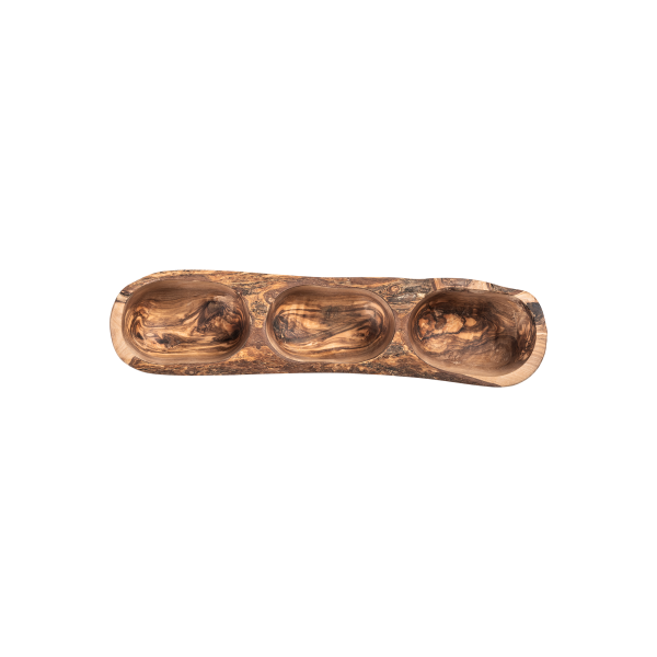 Triple récipient creusé en olivier - 35 x 9 x 9 cm