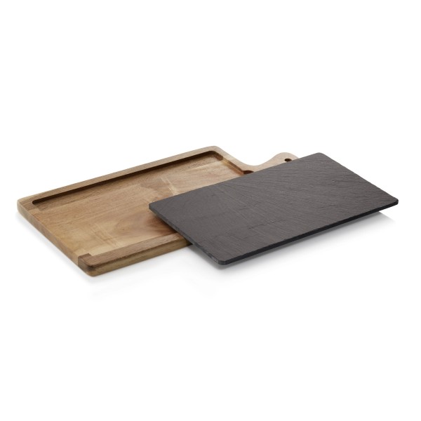 Planche de service en bois d'acacia et plaque en ardoise - 40,5 x 20 cm