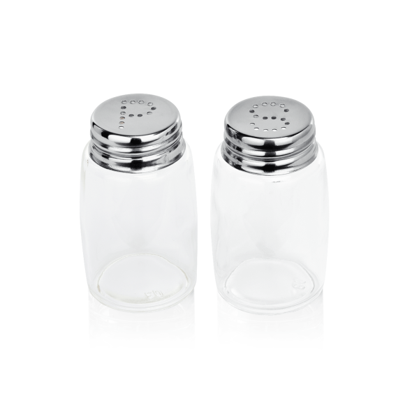 Salière et poivrière en verre - 7 cm - Capuchons inox