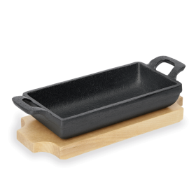 Mini-plat rectangulaire en fonte et sous-plat en bois - 18 x 9,5 x 3 cm