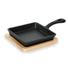 Mini-poêle carrée en fonte et sous-plat en bois - 14,5 x 14,5 x 2,5 cm