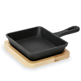 Mini poêle rectangulaire en fonte avec sous-plat en bois - 12,5 x 10,5 x 2,5 cm