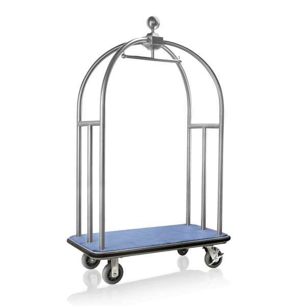 Chariot à bagages inox chromé brossé avec penderie - 112 x 60 cm - Tapis bleu - Max 150 kg