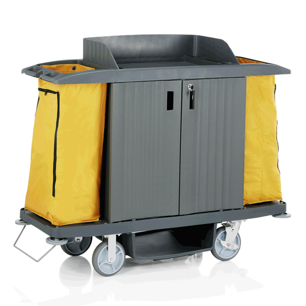 Chariot de service de chambre en plastique et PVC - 155 x 55 cm - 2 sacs à linge 70 L