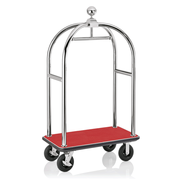 Chariot à bagages inox 18/8 poli avec penderie - 112 x 60 cm - Tapis rouge - Max 250 kg
