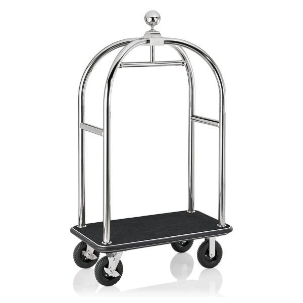 Chariot à bagages inox 18/8 poli avec penderie - 112 x 60 cm - Tapis noir - Max 250 kg