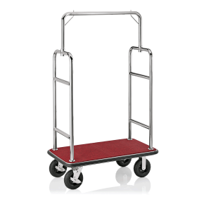 Chariot à bagages inox 18/8 poli avec penderie - 112 x 60 cm - Tapis rouge - Max 250 kg