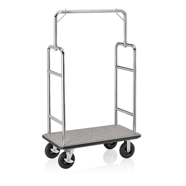 Chariot à bagages inox 18/8 poli avec penderie - 112 x 60 cm - Tapis gris - Max 250 kg
