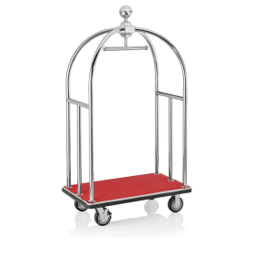 Chariot à bagages inox chromé poli avec penderie - 112 x 60 cm - Tapis rouge - Max 150 kg