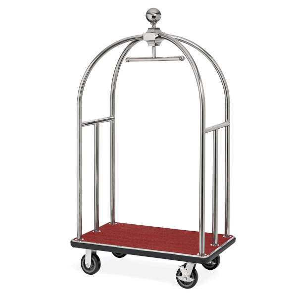 Chariot à bagages inox chromé poli avec penderie - 112 x 60 cm - Tapis rouge - Max 150 kg