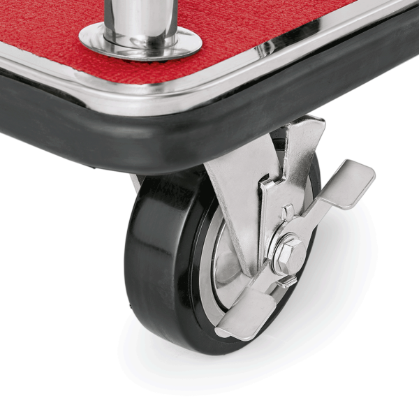Chariot à bagages inox chromé poli avec penderie - 112 x 60 cm - Tapis rouge - Max 150 kg