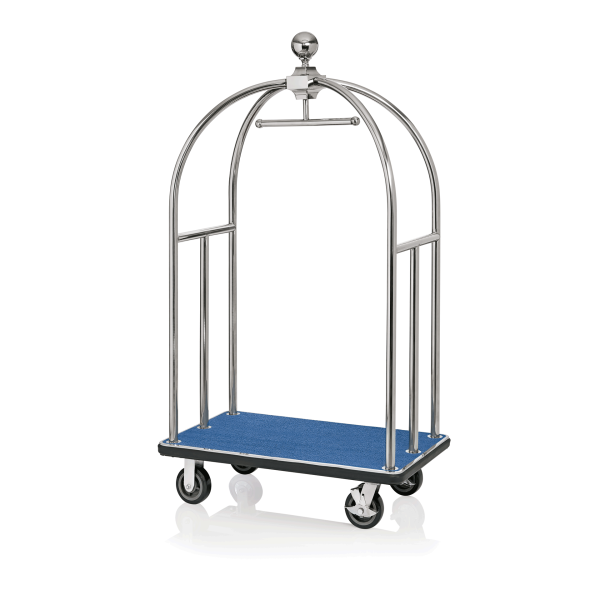 Chariot à bagages inox chromé poli avec penderie - 112 x 60 cm - Tapis bleu - Max 150 kg