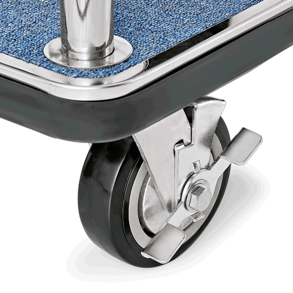 Chariot à bagages inox chromé poli avec penderie - 112 x 60 cm - Tapis bleu - Max 150 kg