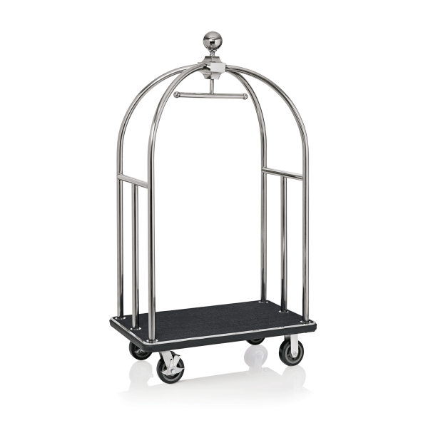 Chariot à bagages inox chromé poli avec penderie - 112 x 60 cm - Tapis noir - Max 150 kg