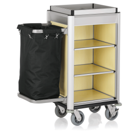 Chariot de service de chambre structure aluminium - 95 x 55 cm - Aspect bois clair - 1 sac 60 L