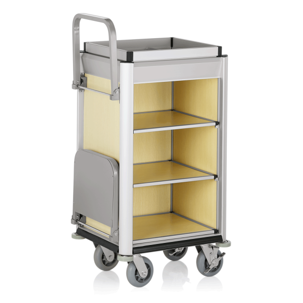 Chariot de service de chambre structure aluminium - 95 x 55 cm - Aspect bois clair - 1 sac 60 L