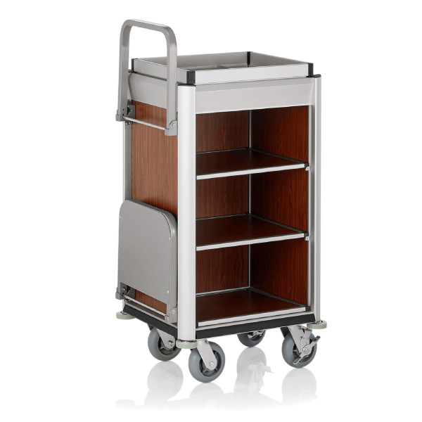Chariot de service de chambre structure aluminium - 95 x 55 cm - Aspect bois foncé - 1 sac 60 L